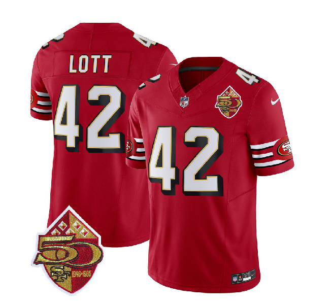 Men's San Francisco 49ers #42 Ronnie Lott Red 2023 F.U.S.E. 50th Patch Throwback Football Stitched Jersey